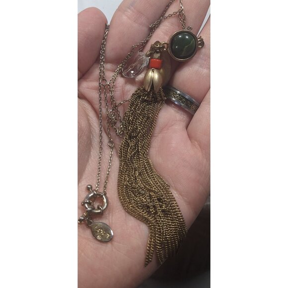 Ann Taylor Loft Floral Green And Gold Tone Tassel Necklace - Picture 4 of 7